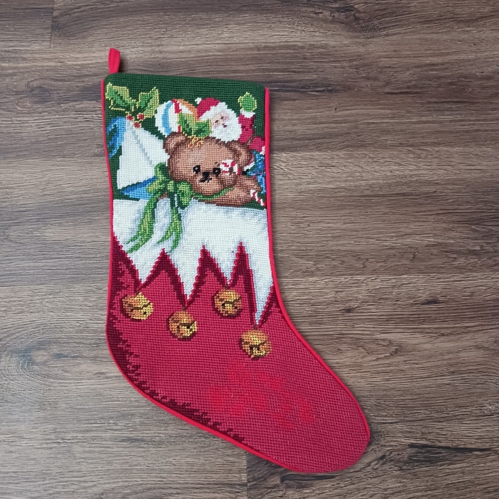 Needlepoint Christmas Stocking 19" Teddy Bear Jingle Bells Candycane